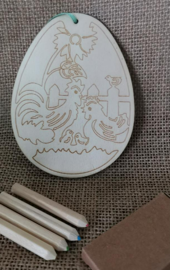 🐓 Дървена висяща декорация яйце „Фермерска сцена“ + цветни моливи 🎨