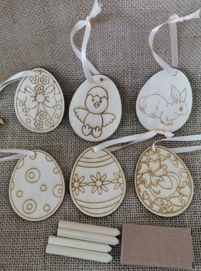 🎨 Сет от 6 дървени великденски яйца за оцветяване + подарък цветни моливи (7x5 см)